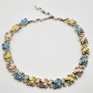 VTG Coro Necklace | Pink, Yellow, Blue | Enamel Flowers & Rhinestones | SIGNED